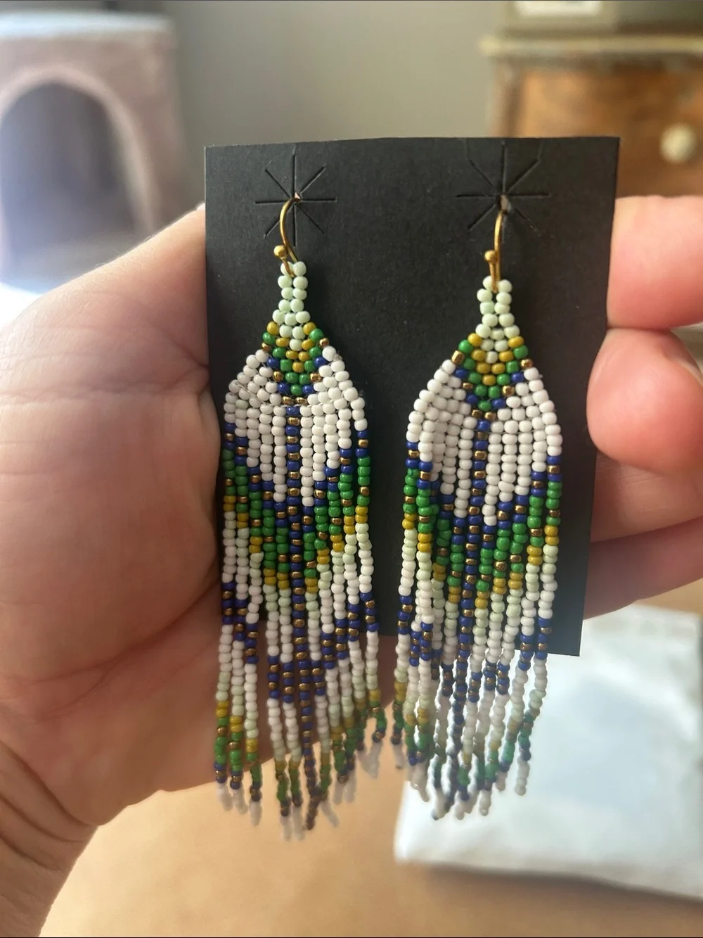 Handmade Myra White, Blue & Green Seed Bead Fringe Earrings